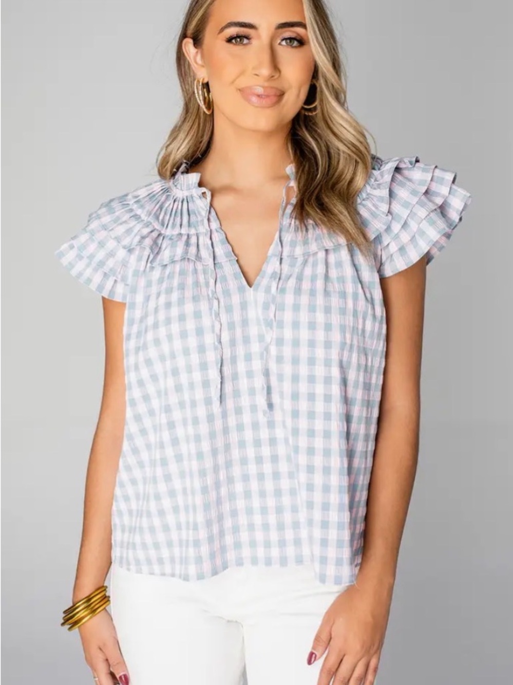 NWT BuddyLove Carla Carolina Top- Ruffle Sleeve Gingham Top - Blue/Pink